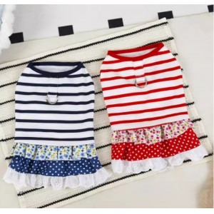 宠物衣服小狗狗连衣裙泰迪春天夏天条纹花边裙幼犬两脚衣